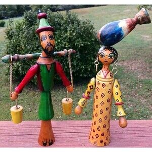 Vtg Channapatna Wooden Dolls Set Folk Art Hand Painted 14-15" Toys Figures India